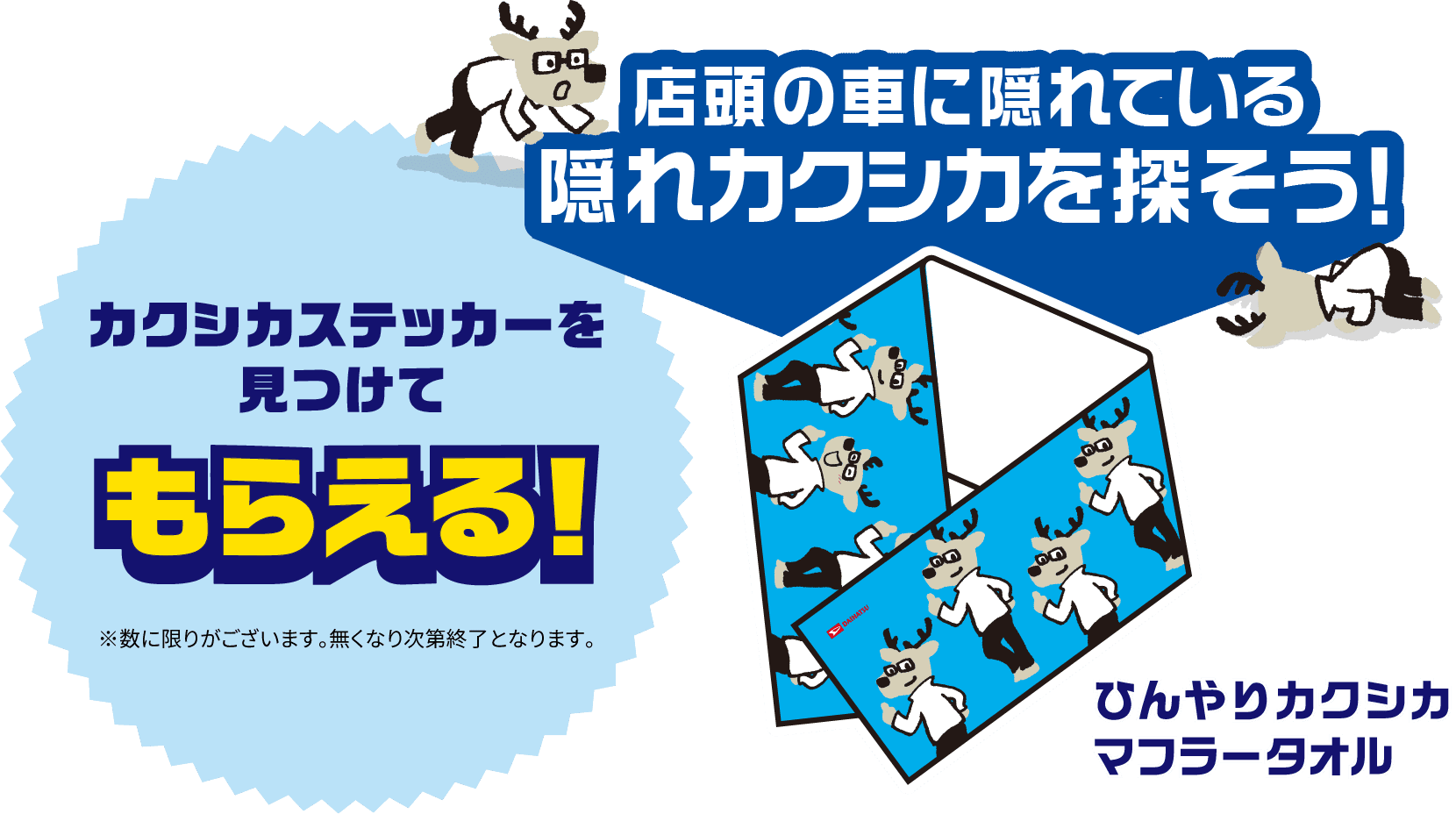 店頭の車に隠れている隠れカクシカを探そう！「カクシカステッカーを見つけてもらえる！ひんやりカクシカマフラータオル」※数に限りがございます。無くなり次第終了となります。